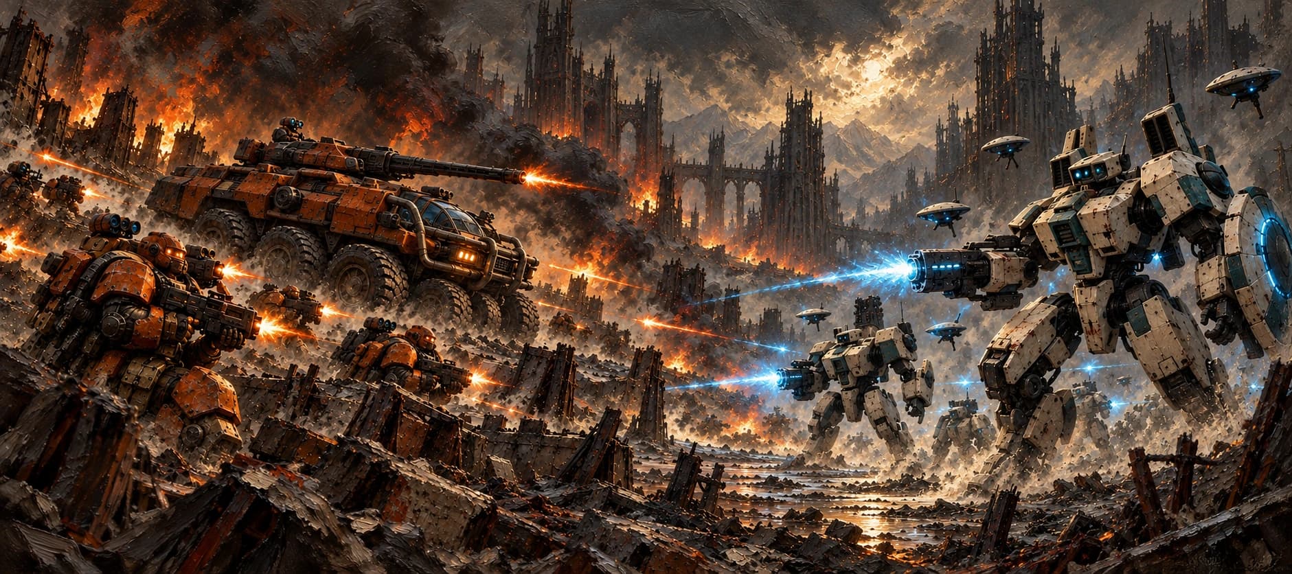 Original illustration of orange-armoured defenders facing ivory-and-teal alien walkers across a ruined battlefield