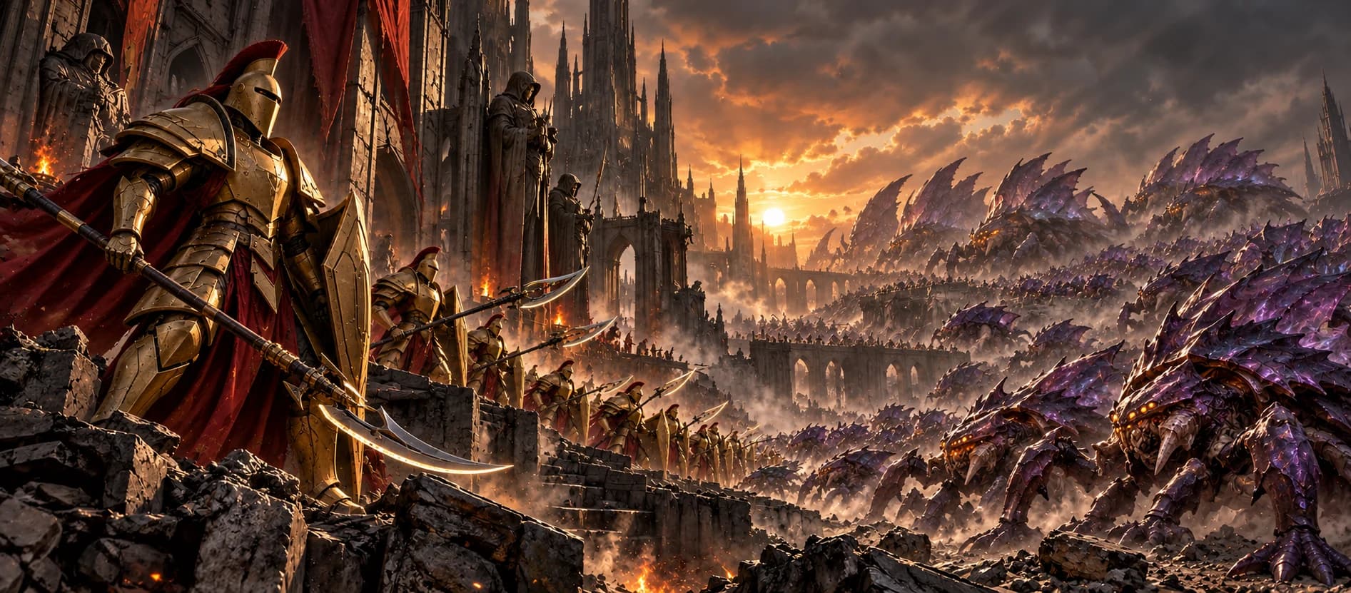 Original illustration of gold-armoured guardians facing purple alien creatures among ruined cathedral towers