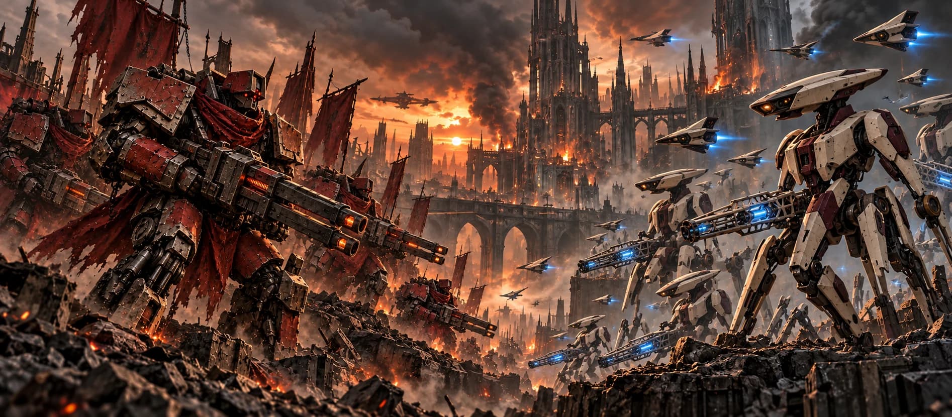 Original illustration of crimson industrial warriors confronting ivory alien walkers beneath an ember sky