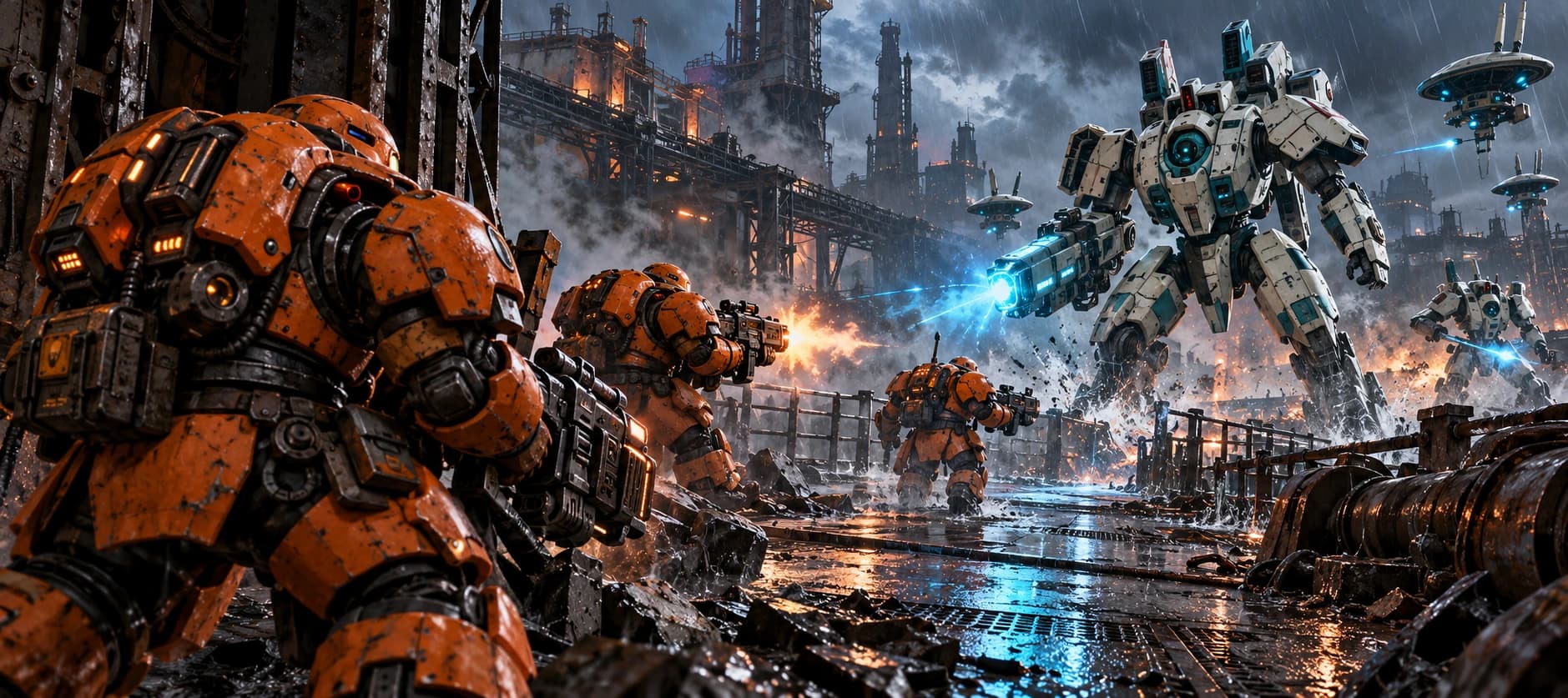 Original illustration of orange-armoured Votann Hearthguard confronting ivory-and-teal Tau battlesuits on a rain-soaked industrial causeway