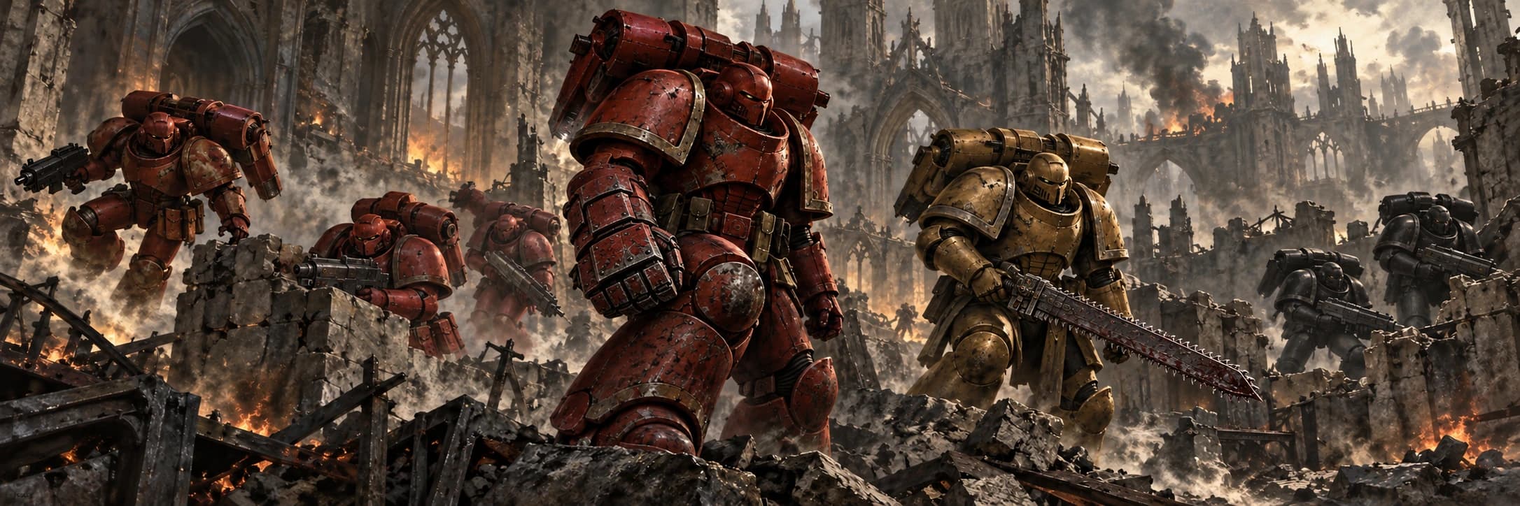 Original painted Blood Angels battlefield illustration: the central crimson warrior wears a power fist, while the gold warrior beside him holds a chainsword