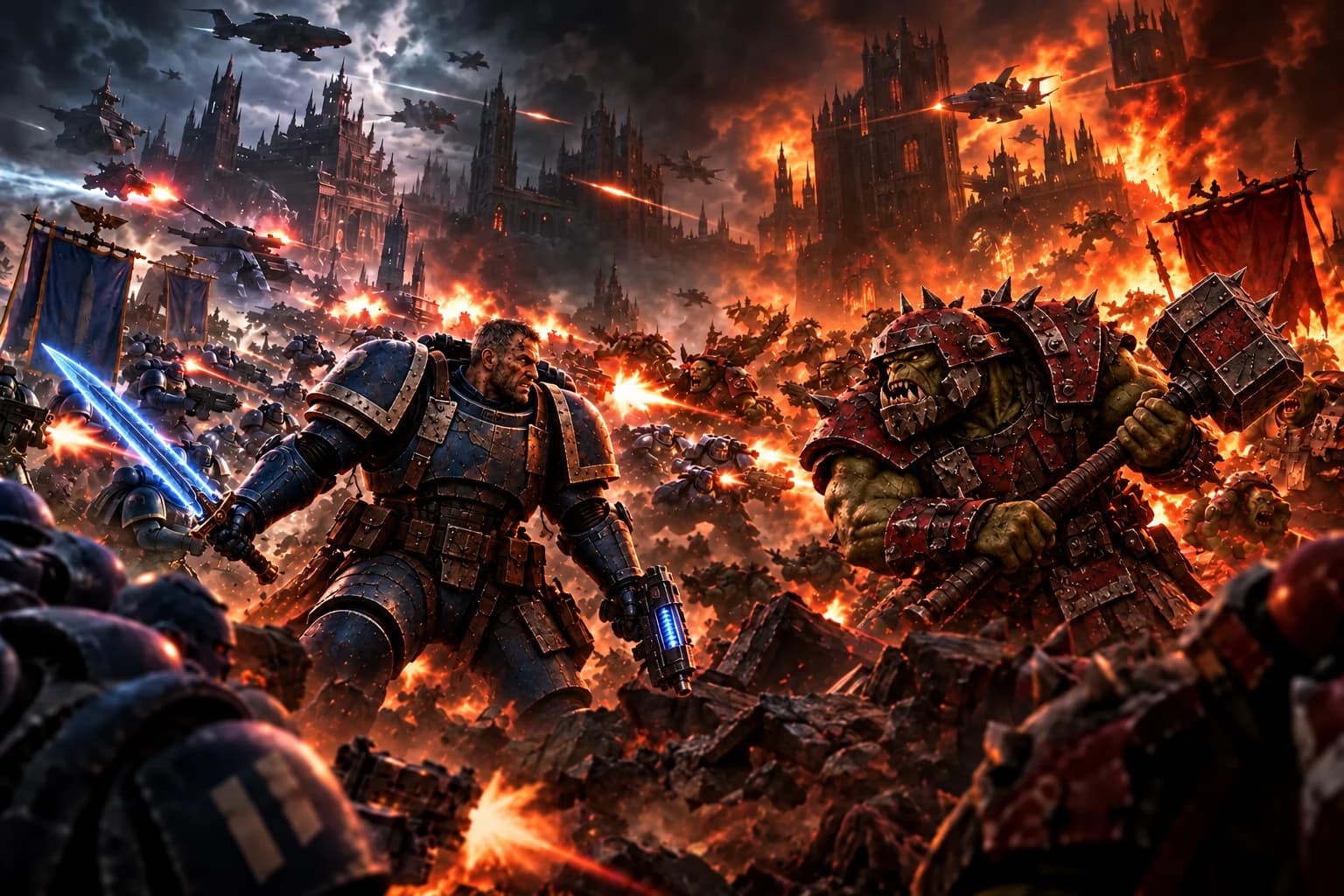 Dark battlefield illustration of a bareheaded blue-armoured veteran with an energy blade and a helmeted green alien with a war hammer