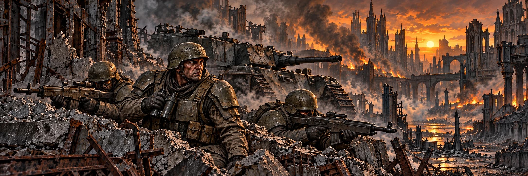 Weathered human infantry and a heavy tracked tank hold a ruined industrial crossroads amid soot and muted ember light
